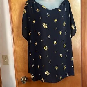 LOFT Navy  Blue Background and Yellow Flowers Cap Sleeve Blouse